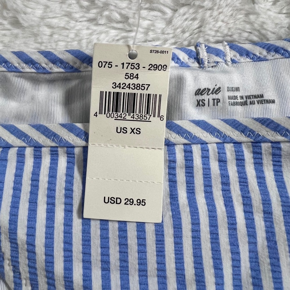 Aerie Blue White Striped Seersucker Ruffle Bikini Bottom XS 075-1753-2909 - Picture 7 of 11